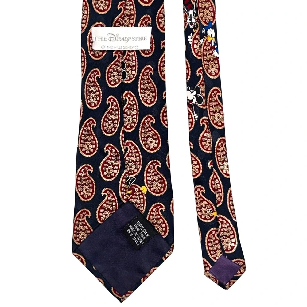 Vintage Disney Store Silk Necktie Mens OS Navy Paisley Mickey Donald Goofy 90s